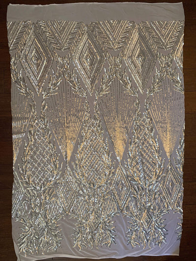Francesca SILVER Vines and Diamonds Pattern Sequins on Mesh Lace Fabric by the Yard - 10130