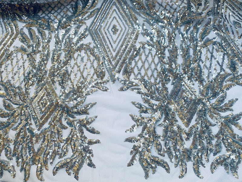 Francesca SILVER Vines and Diamonds Pattern Sequins on Mesh Lace Fabric by the Yard - 10130