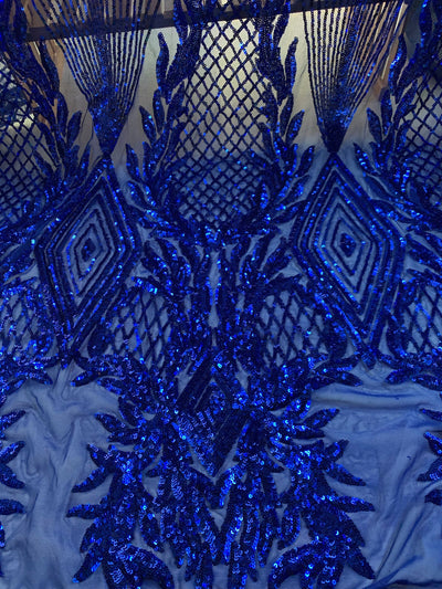 Francesca ROYAL BLUE Vines and Diamonds Pattern Sequins on Mesh Lace Fabric by the Yard - 10130
