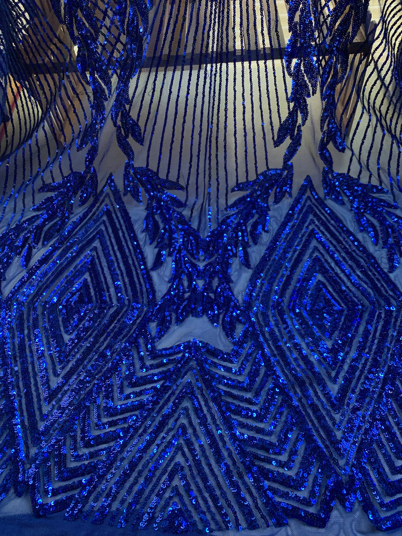 Francesca ROYAL BLUE Vines and Diamonds Pattern Sequins on Mesh Lace Fabric by the Yard - 10130