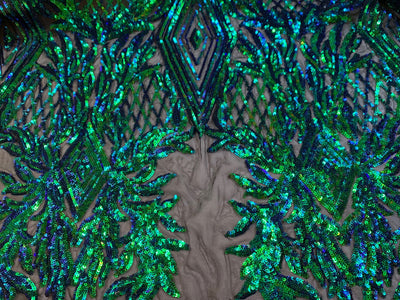Francesca GREEN BLUE MERMAID Vines and Diamonds Pattern Sequins on Mesh Lace Fabric by the Yard - 10130