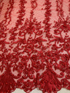 Daphne RED Faux Pearls Beaded Flowers and Vines Lace Embroidery on Mesh Fabric by the Yard - 10103