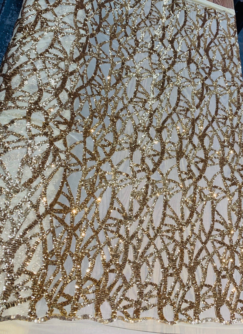 Celeste GOLD Sequins on Mesh Lace Fabric by the Yard - 10134