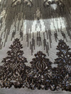 Angelica BLACK Curlicues and Leaves Sequins on Mesh Lace Fabric by the Yard - 10132