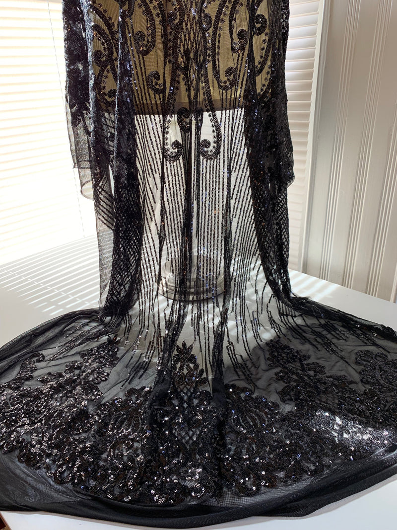 Angelica BLACK Curlicues and Leaves Sequins on Mesh Lace Fabric by the Yard - 10132