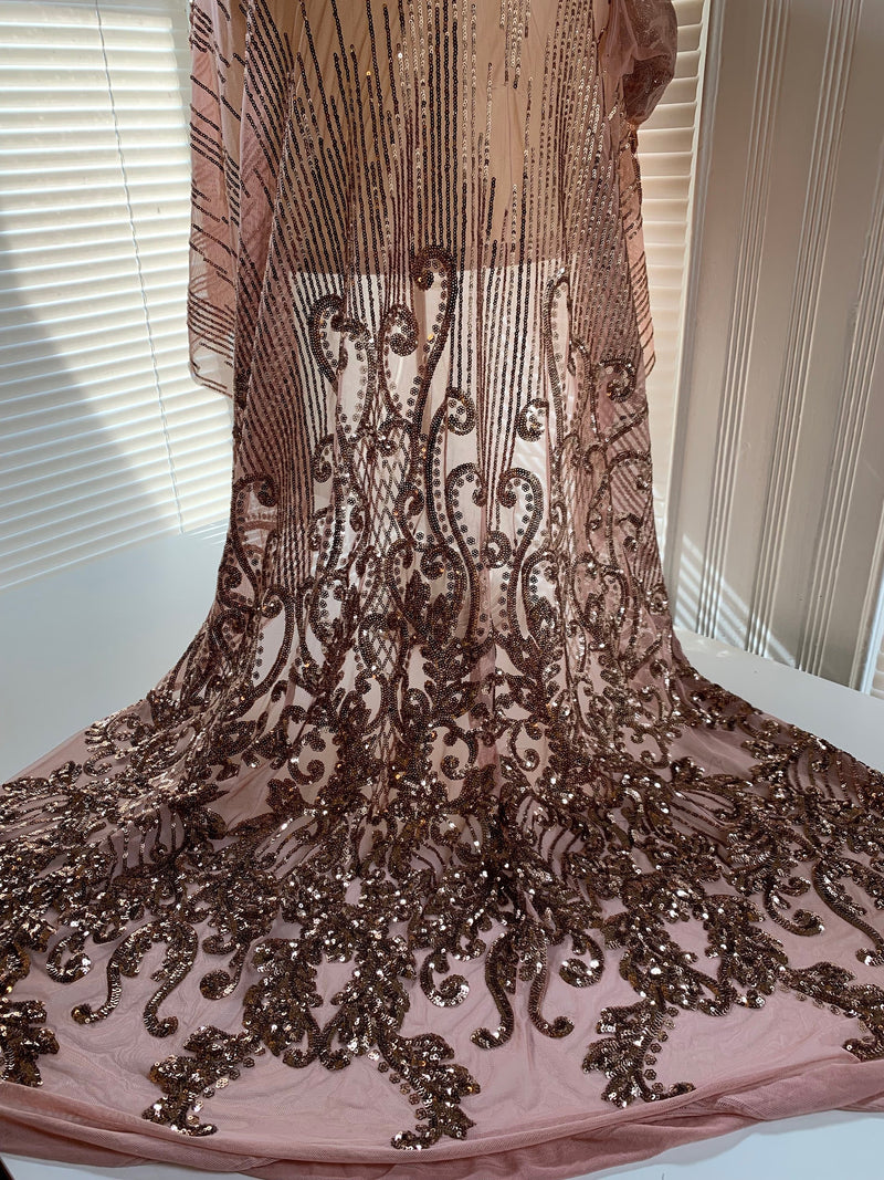 Angelica DUSTY ROSE Curlicues and Leaves Sequins on Mesh Lace Fabric by the Yard - 10132