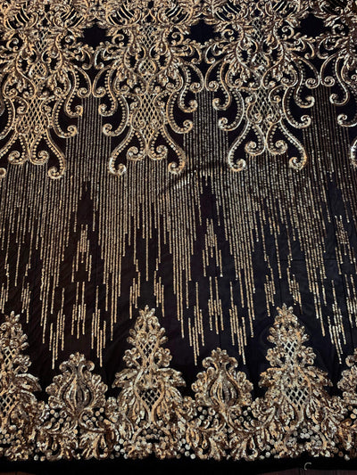 Angelica GOLD Curlicues and Leaves Sequins on BLACK Mesh Lace Fabric by the Yard - 10132