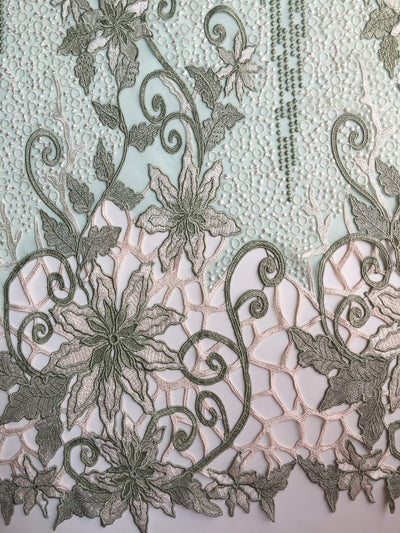 Skye SAGE Embroidered Floral Edge Guipure on Mesh Lace Fabric by the Yard - 10110