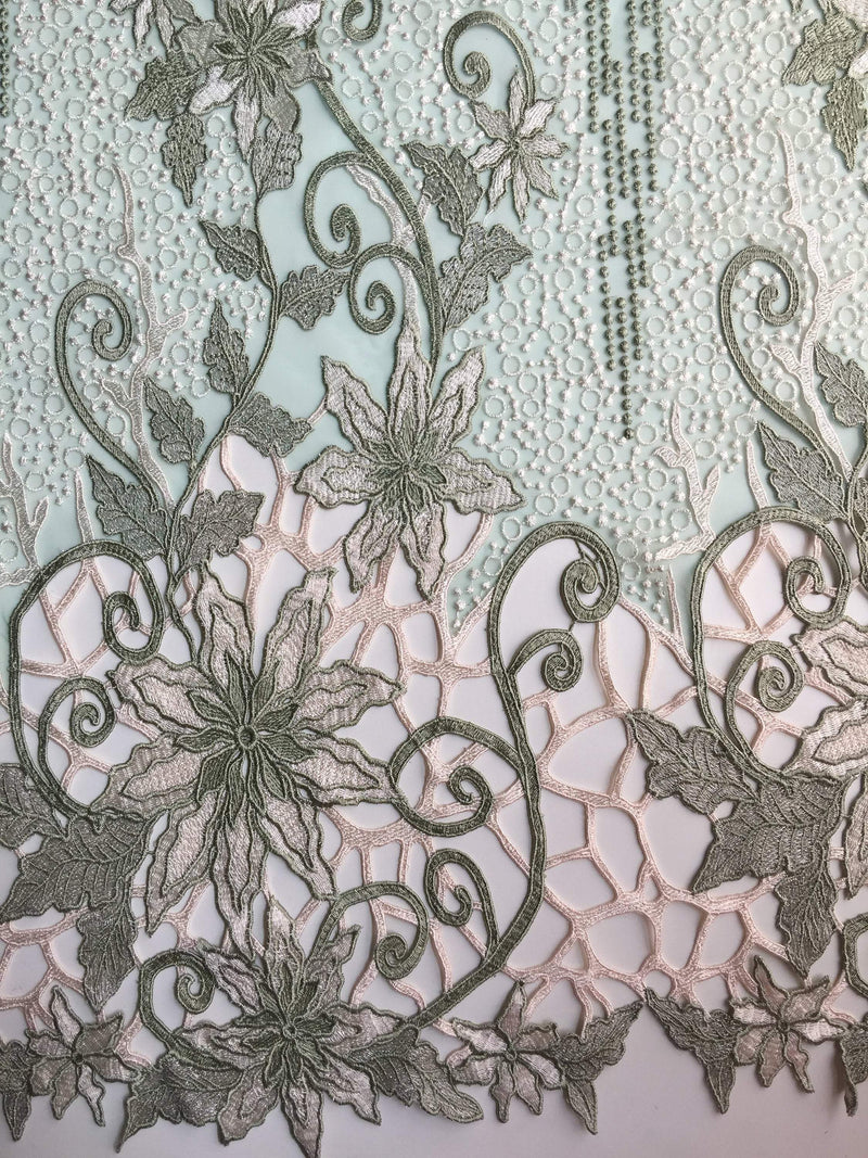 Skye SAGE Embroidered Floral Edge Guipure on Mesh Lace Fabric by the Yard - 10110