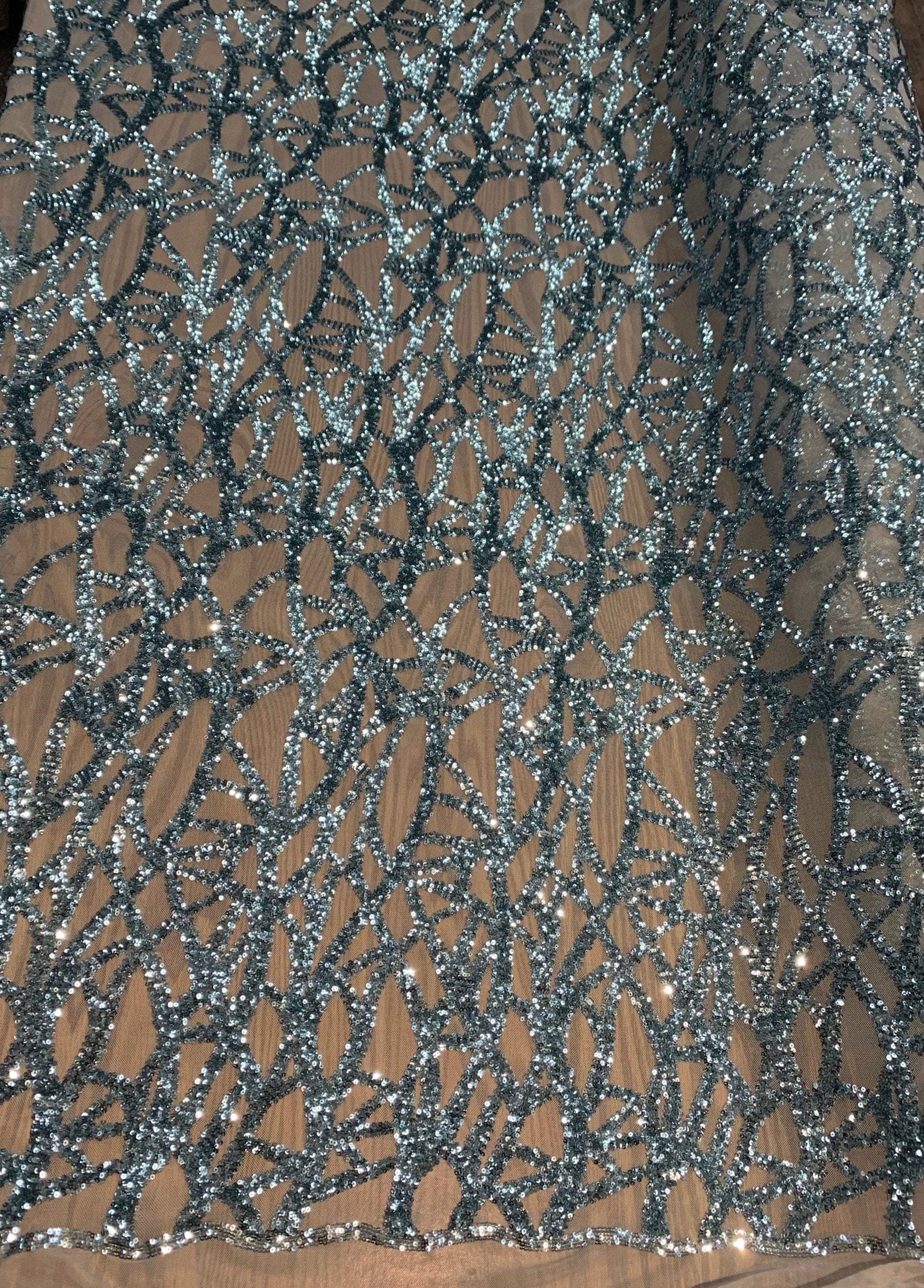 Celeste HUNTER GREEN Sequins on Mesh Lace Fabric by the Yard - 10134