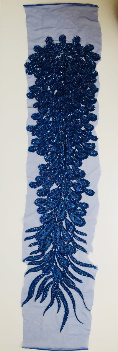 Gracie ROYAL BLUE Vegas Peacock Beaded Sequins Embroidered on Mesh Lace Fabric by Panel - 10012
