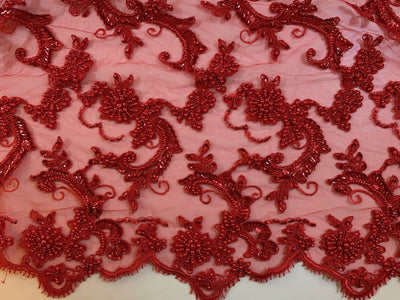 Jayla RED Floral Embroidery with Beads and Sequins on Mesh Lace Fabric by the Yard - 10044