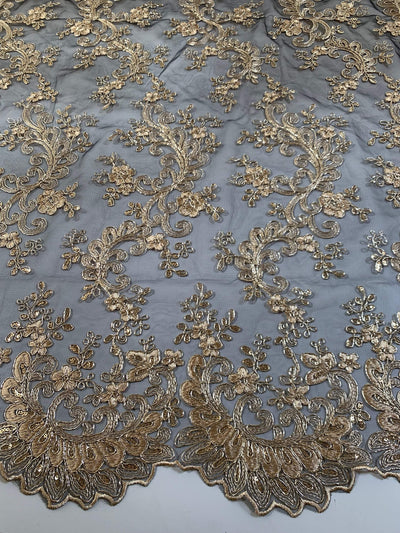 Melody GOLD Polyester Floral Embroidery with Sequins on BLACK Mesh Lace Fabric by the Yard for Gown, Wedding, Bridesmaid, Prom - 10002
