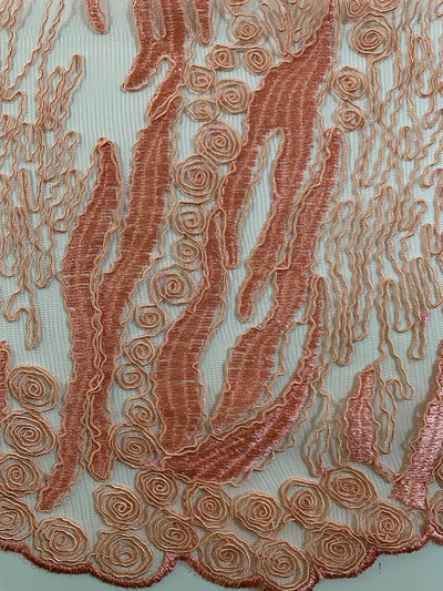 Katelyn PEACH Vines and Swirls Corded Embroidery on Mesh Fabric by the Yard - 10045