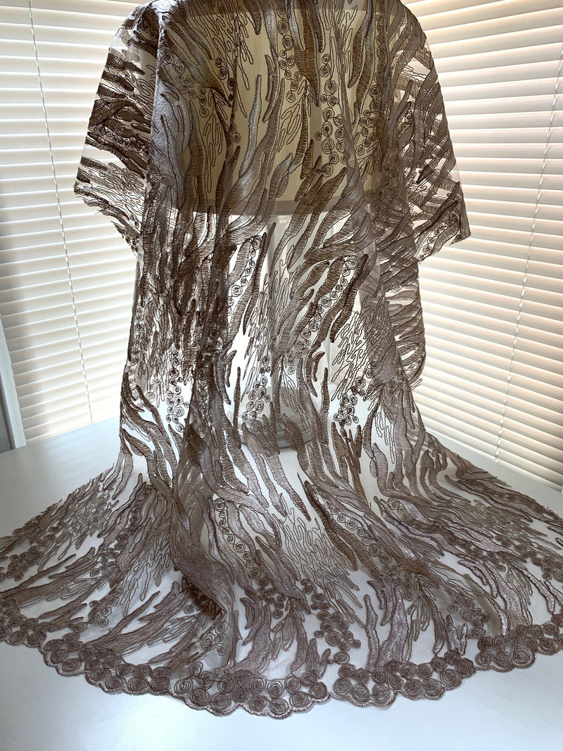 Katelyn TAUPE Vines and Swirls Corded Embroidery on Mesh Fabric by the Yard - 10045