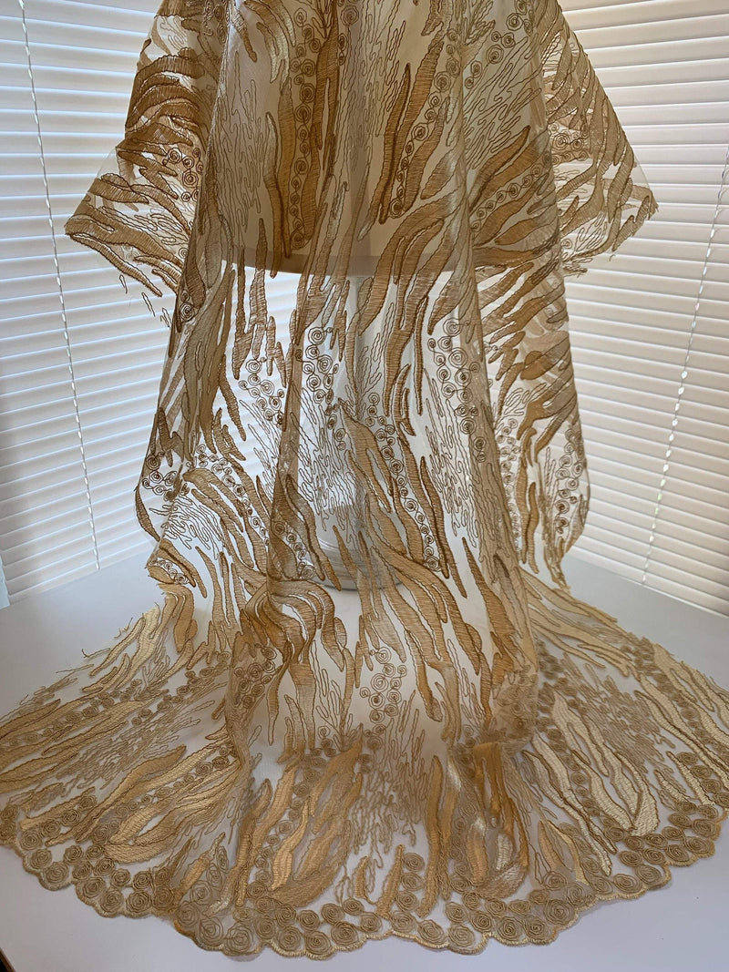 Katelyn GOLD Vines and Swirls Corded Embroidery on Mesh Fabric by the Yard - 10045