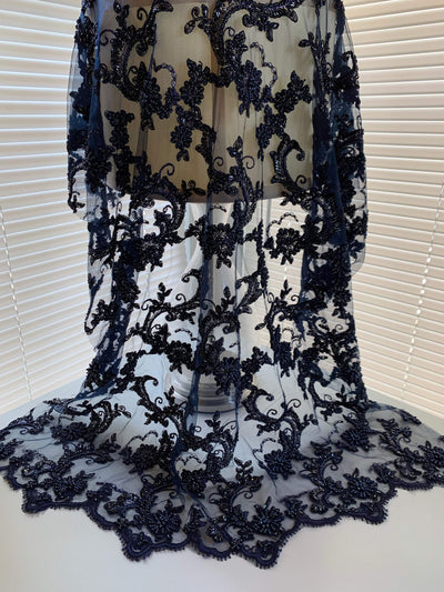 Jayla NAVY BLUE Floral Embroidery with Beads and Sequins on Mesh Lace Fabric by the Yard - 10044