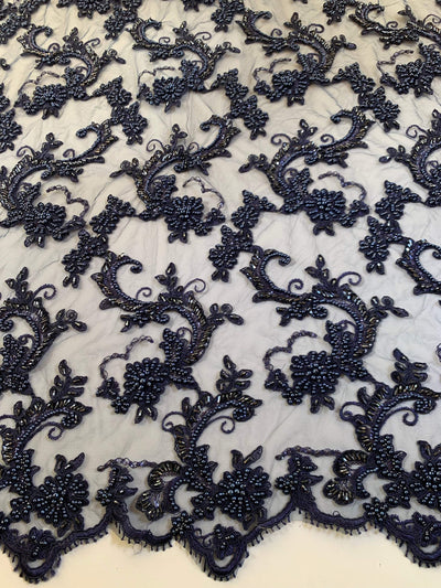 Jayla NAVY BLUE Floral Embroidery with Beads and Sequins on Mesh Lace Fabric by the Yard - 10044