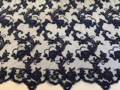 Jayla NAVY BLUE Floral Embroidery with Beads and Sequins on Mesh Lace Fabric by the Yard - 10044
