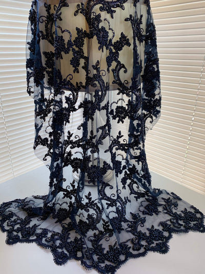 Jayla NAVY BLUE Floral Embroidery with Beads and Sequins on Mesh Lace Fabric by the Yard - 10044