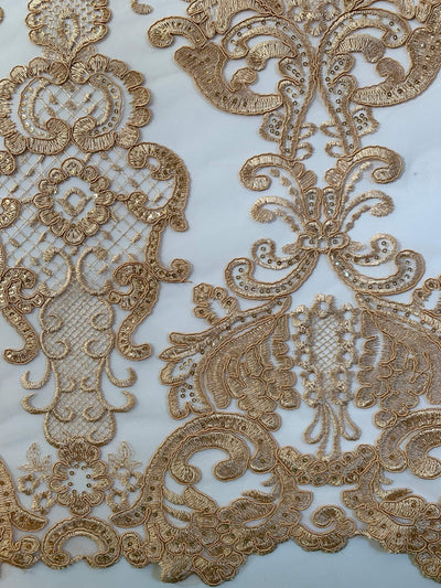 Vivian DARK GOLD Polyester Embroidery with Sequins on Mesh Lace Fabric by the Yard for Gown, Wedding, Bridesmaid, Prom - 10003