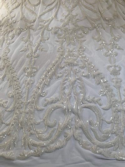 Esmeralda WHITE Sequins on Mesh Lace Fabric by the Yard - 10102