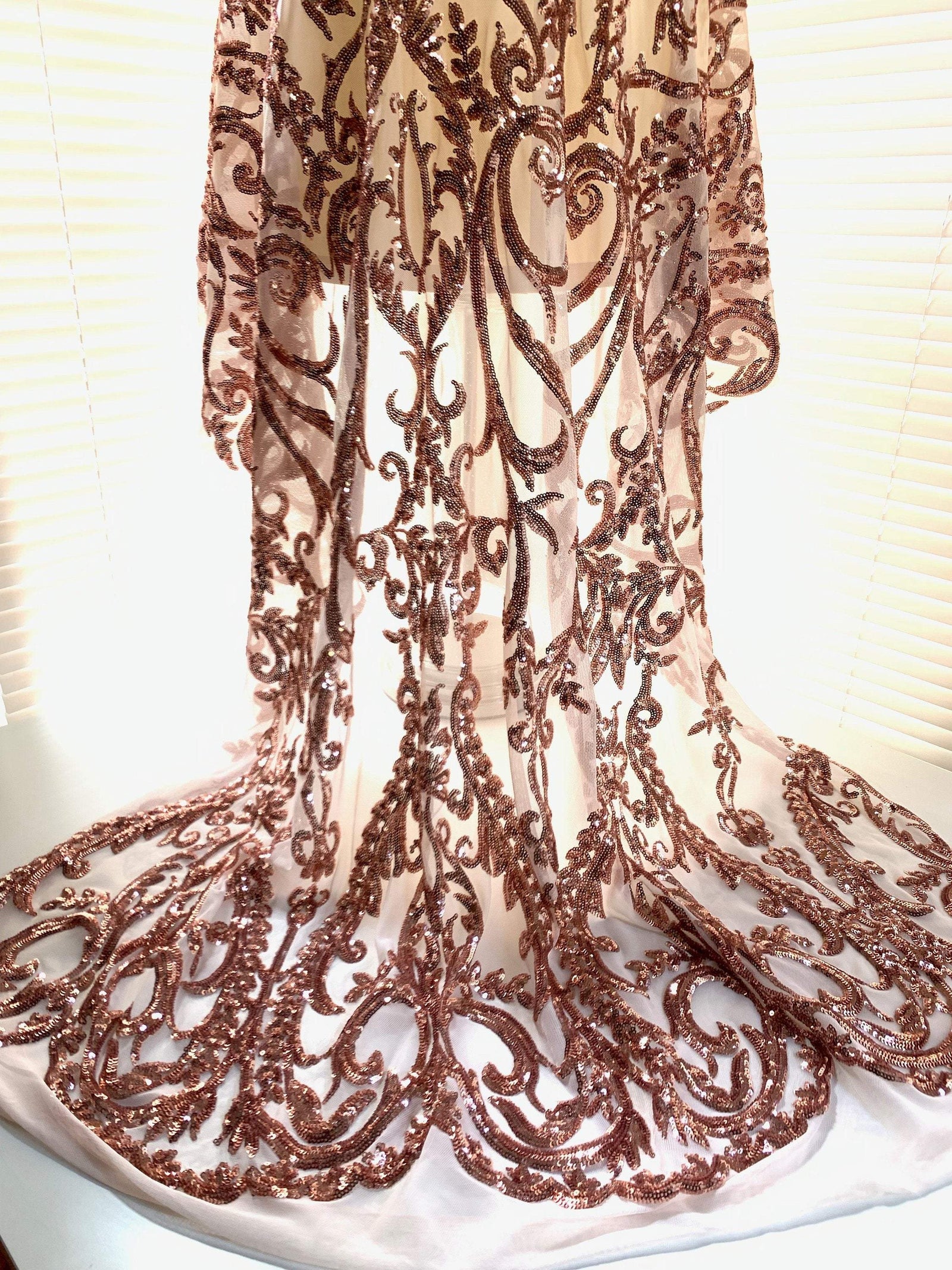 Esmeralda COPPER Sequins on Mesh Lace Fabric by the Yard - 10102