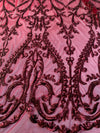 Esmeralda BURGUNDY Sequins on Mesh Lace Fabric by the Yard - 10102