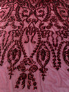 Esmeralda BURGUNDY Sequins on Mesh Lace Fabric by the Yard - 10102