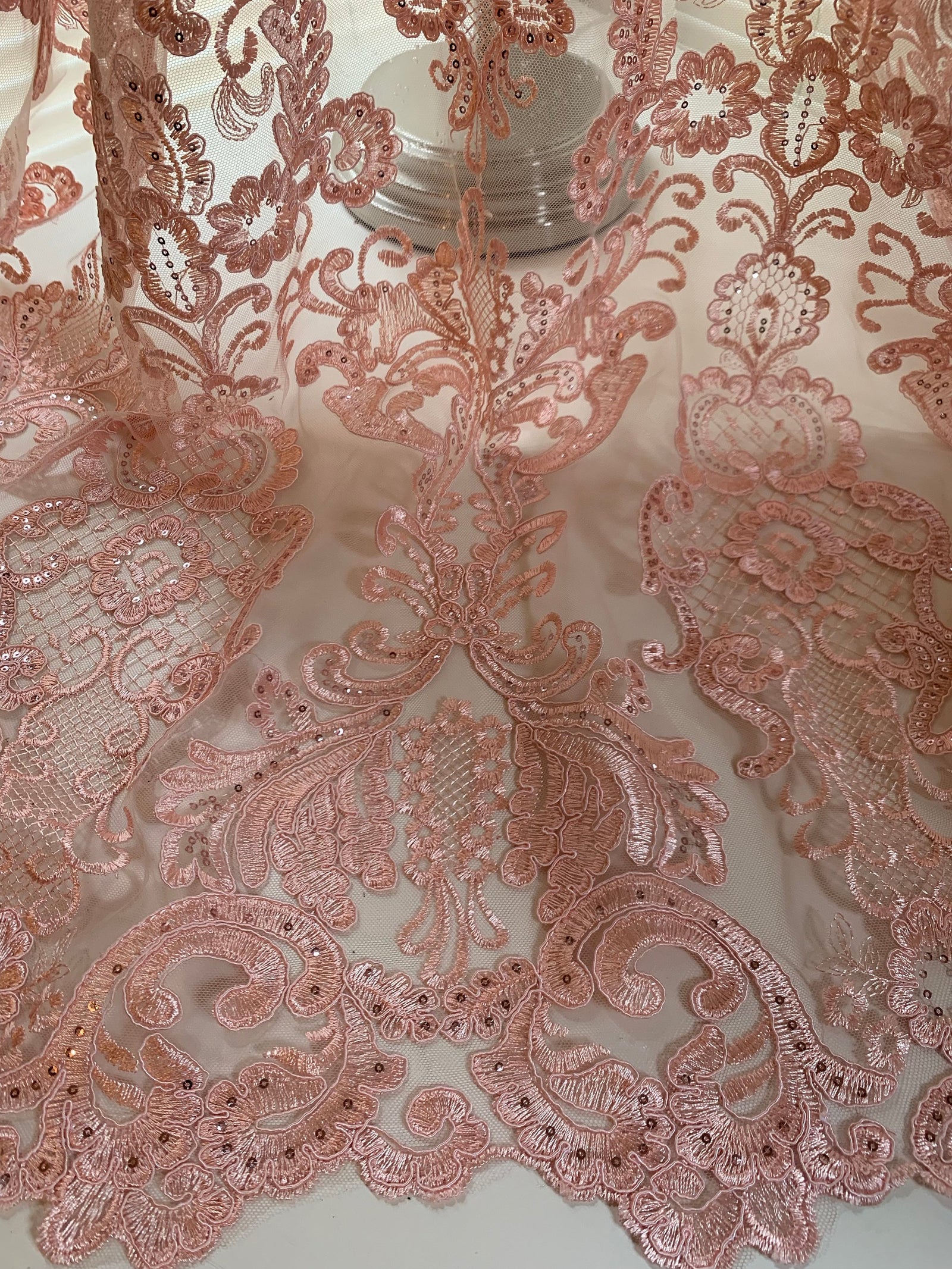 Vivian PINK Polyester Embroidery with Sequins on Mesh Lace Fabric by the Yard for Gown, Wedding, Bridesmaid, Prom - 10003