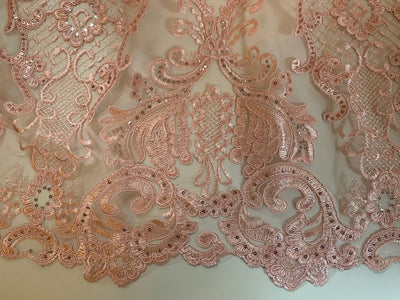 Vivian PINK Polyester Embroidery with Sequins on Mesh Lace Fabric by the Yard for Gown, Wedding, Bridesmaid, Prom - 10003