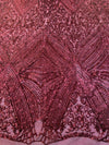 Averie BURGUNDY Geometric Butterfly Sequins on Mesh Lace Fabric by the Yard - 10113