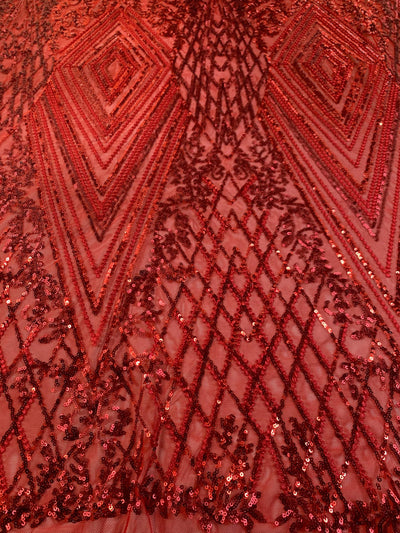 Averie RED Geometric Butterfly Sequins on Mesh Lace Fabric by the Yard - 10113