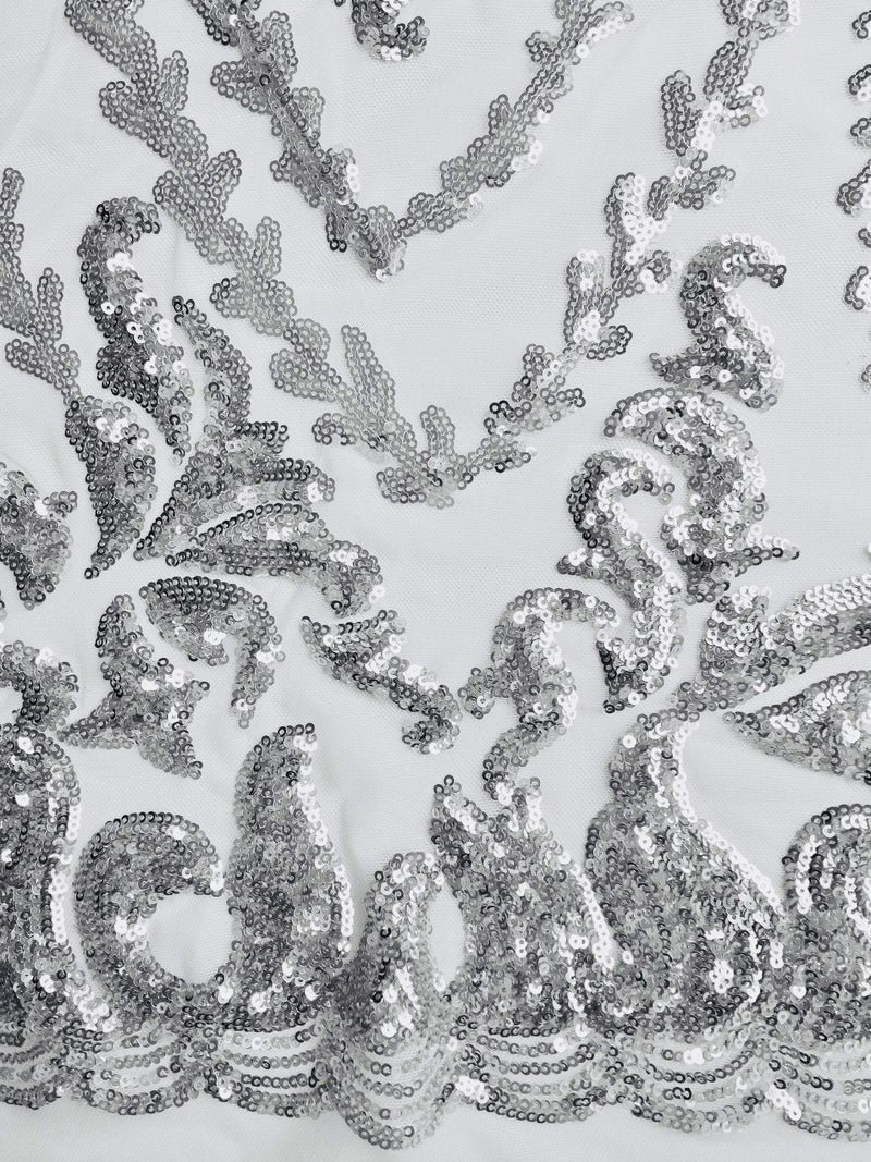 Miranda SILVER Vines and Leaves Sequins on WHITE Mesh Lace Fabric by the Yard - 10061