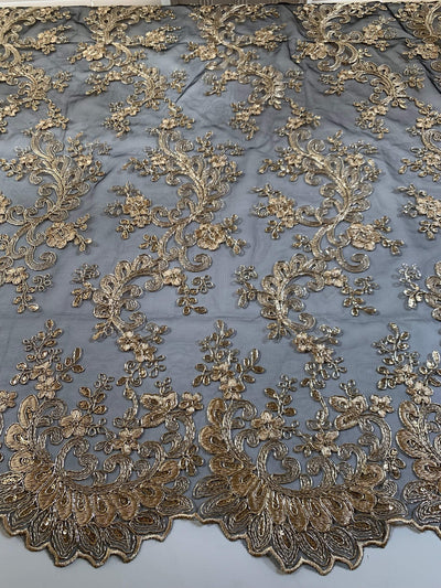 Melody GOLD Polyester Floral Embroidery with Sequins on BLACK Mesh Lace Fabric by the Yard for Gown, Wedding, Bridesmaid, Prom - 10002