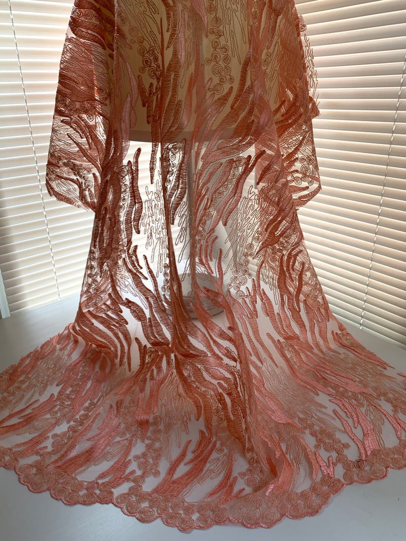Katelyn PEACH Vines and Swirls Corded Embroidery on Mesh Fabric by the Yard - 10045