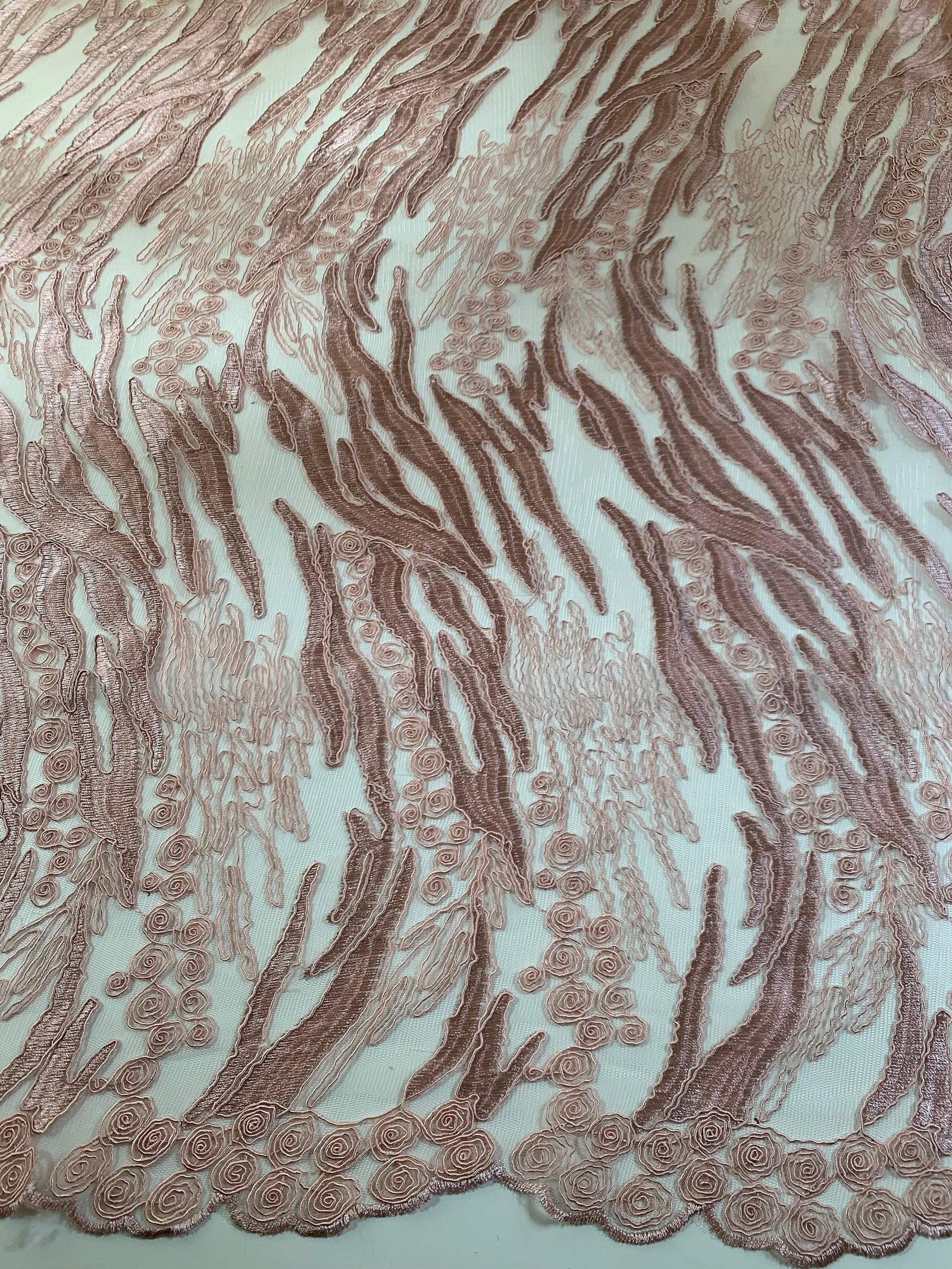 Katelyn DUSTY ROSE Vines and Swirls Corded Embroidery on Mesh Fabric by the Yard - 10045