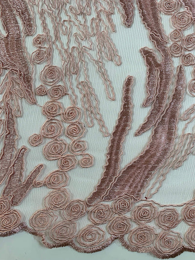 Katelyn DUSTY ROSE Vines and Swirls Corded Embroidery on Mesh Fabric by the Yard - 10045