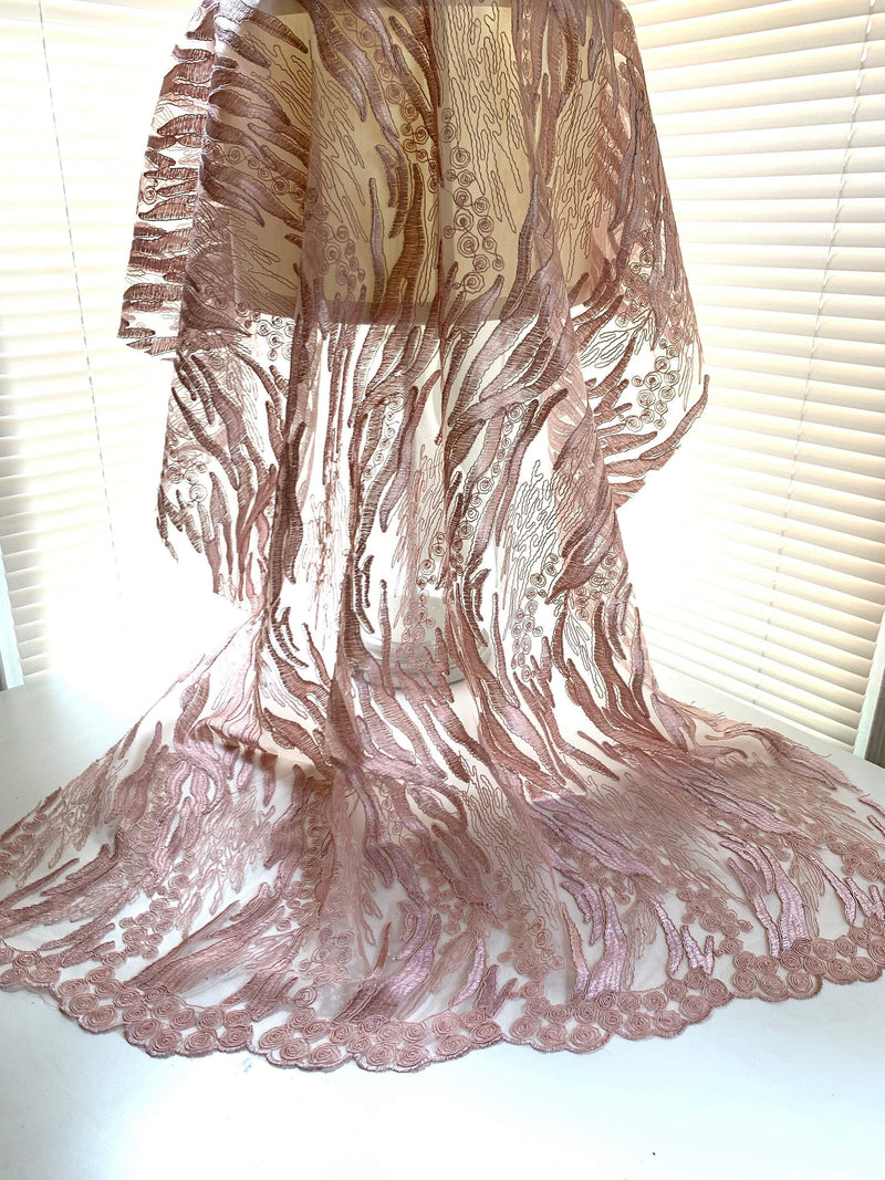 Katelyn DUSTY ROSE Vines and Swirls Corded Embroidery on Mesh Fabric by the Yard - 10045