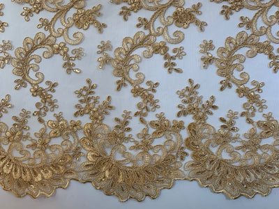 Melody GOLD Polyester Floral Embroidery with Sequins on Mesh Lace Fabric by the Yard for Gown, Wedding, Bridesmaid, Prom - 10002