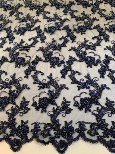 Jayla NAVY BLUE Floral Embroidery with Beads and Sequins on Mesh Lace Fabric by the Yard - 10044