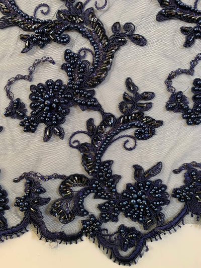 Jayla NAVY BLUE Floral Embroidery with Beads and Sequins on Mesh Lace Fabric by the Yard - 10044