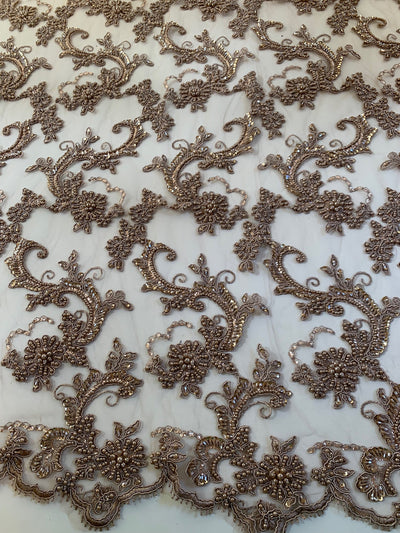 Jayla TAUPE Floral Embroidery with Beads and Sequins on Mesh Lace Fabric by the Yard - 10044