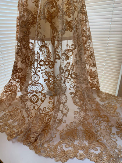 Vivian DARK GOLD Polyester Embroidery with Sequins on Mesh Lace Fabric by the Yard for Gown, Wedding, Bridesmaid, Prom - 10003