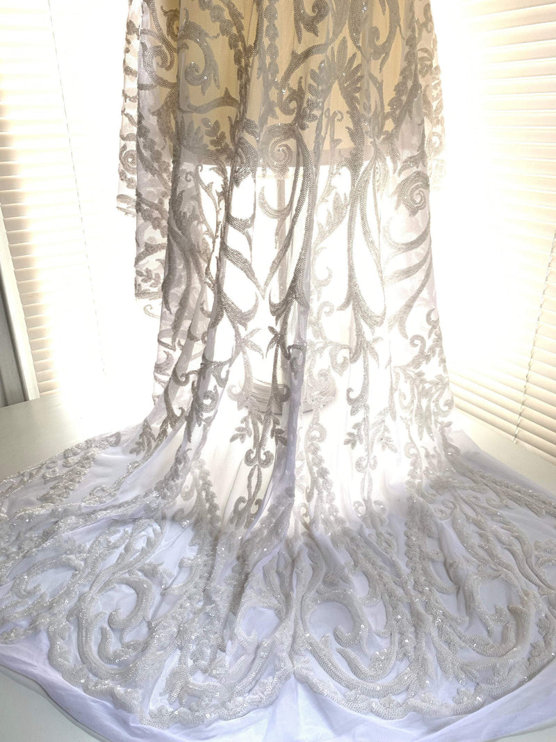 Esmeralda WHITE Sequins on Mesh Lace Fabric by the Yard - 10102