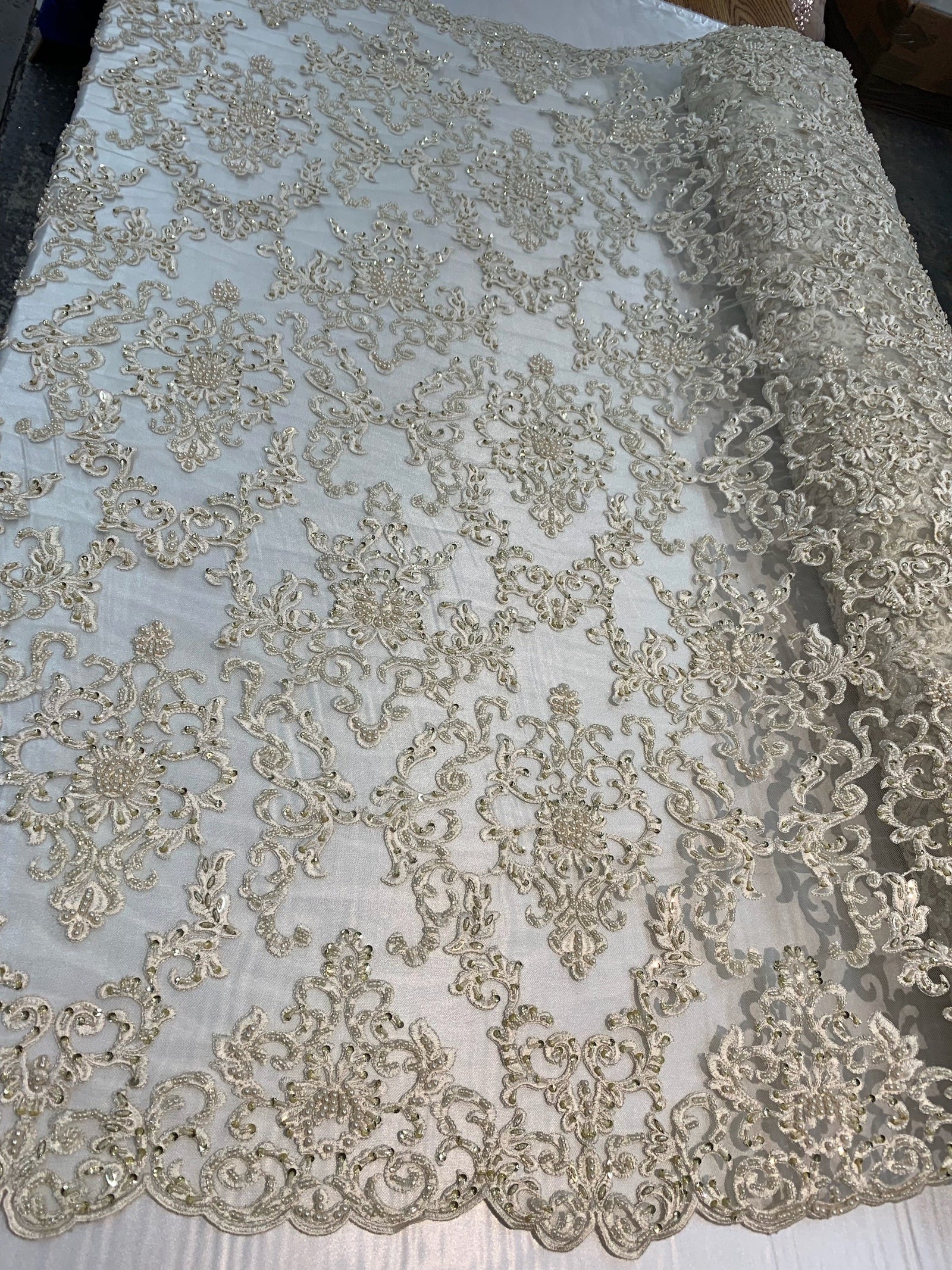 Helena CHAMPAGNE Embroidered Damask Pattern with Faux Pearls and Beads on Mesh Lace Fabric by the Yard - 10139