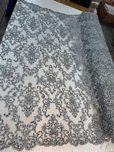 Helena GREY Embroidered Damask Pattern with Faux Pearls and Beads on Mesh Lace Fabric by the Yard - 10139