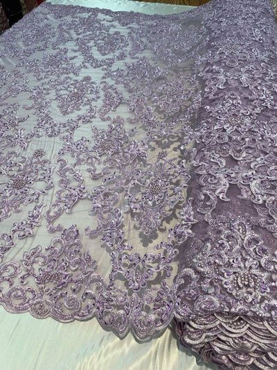 Helena LILAC Embroidered Damask Pattern with Faux Pearls and Beads on Mesh Lace Fabric by the Yard - 10139