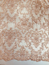 Helena BLUSH Embroidered Damask Pattern with Faux Pearls and Beads on Mesh Lace Fabric by the Yard - 10139
