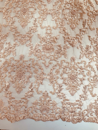 Helena BLUSH Embroidered Damask Pattern with Faux Pearls and Beads on Mesh Lace Fabric by the Yard - 10139